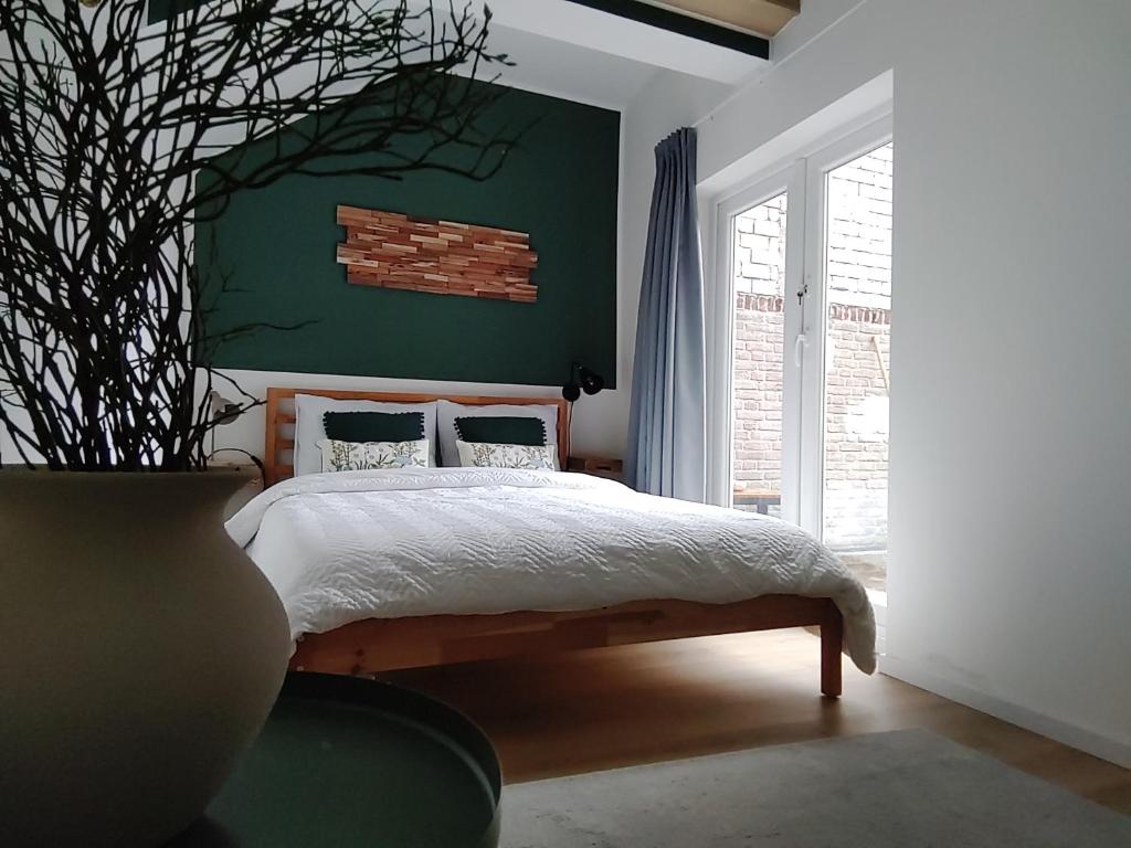 海尔伦Maya sweet rooms的一间卧室设有一张床和绿色的墙壁