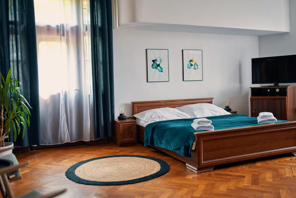 尼萨河畔亚布洛内茨Penzion Pivovar Volt的一间卧室配有一张床和一台平面电视