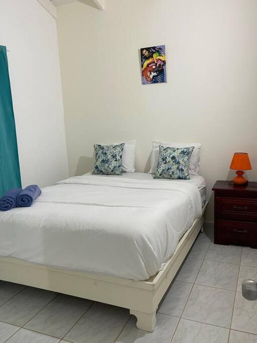 拉斯特拉纳斯Casita de 2 habitaciones的一间卧室配有白色床和蓝色枕头
