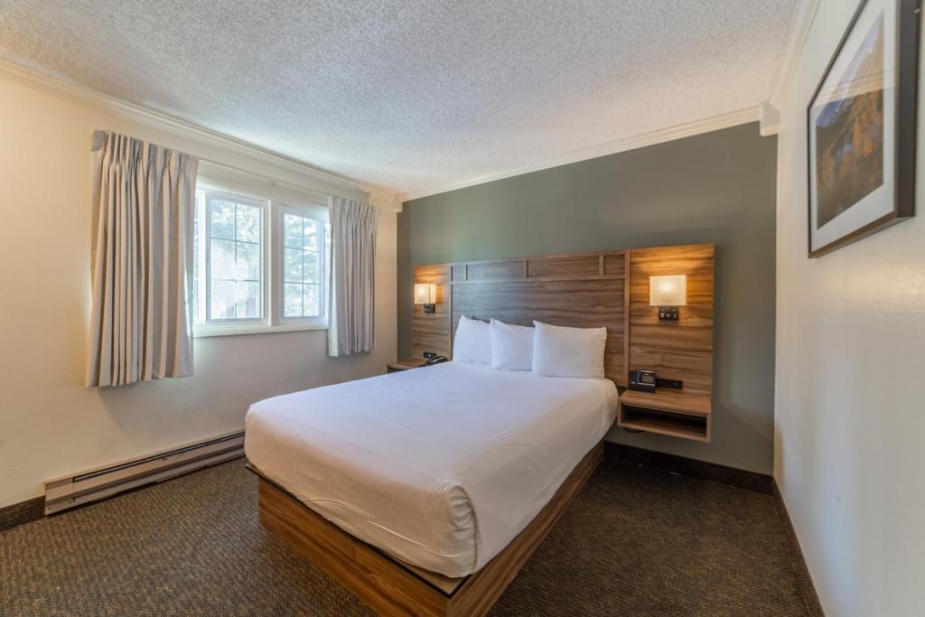 马姆莫斯湖阿尔彭霍夫旅馆的一间卧室设有一张大床和一个窗户。