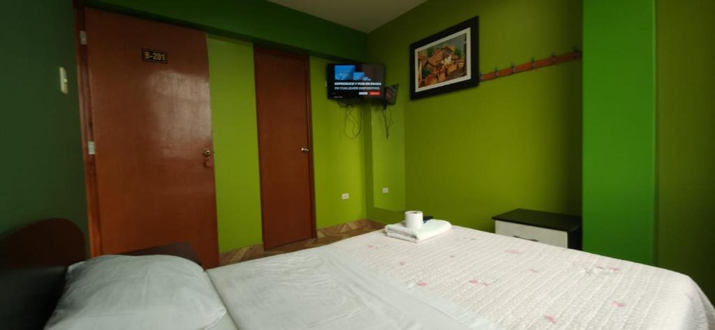 塔克纳Hostal Nochero's的一间卧室拥有绿色的墙壁和一张床