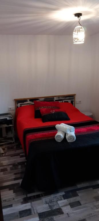 AmésCasa da Eiriña的一间卧室配有红色的床,上面有鞋子