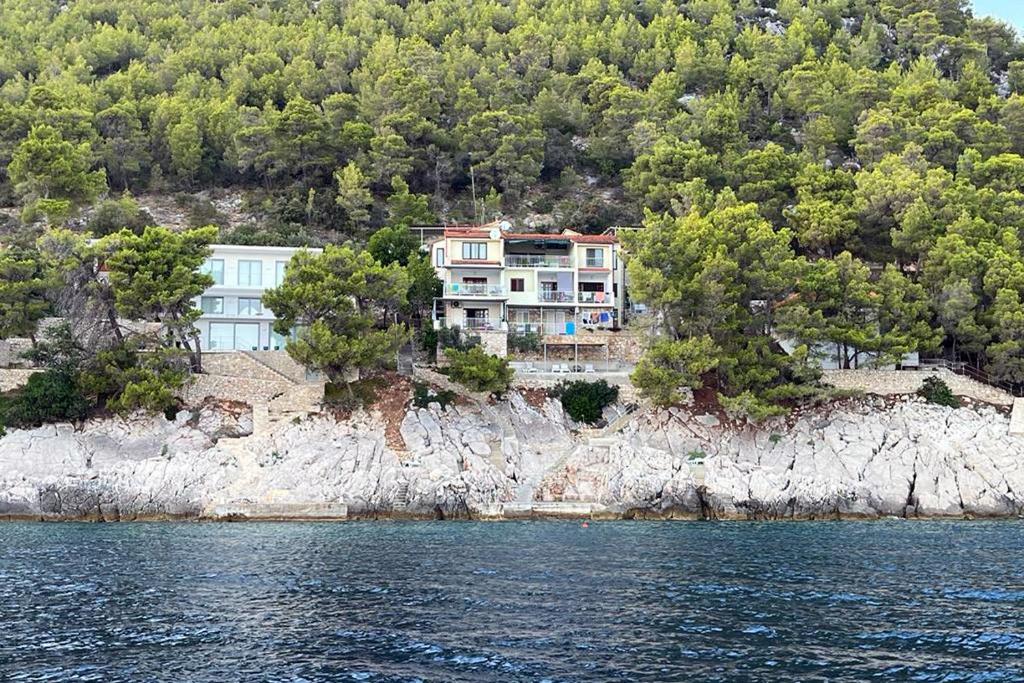 普利兹巴Apartments by the sea Prizba, Korcula - 4483的水中岩石岛上的房屋