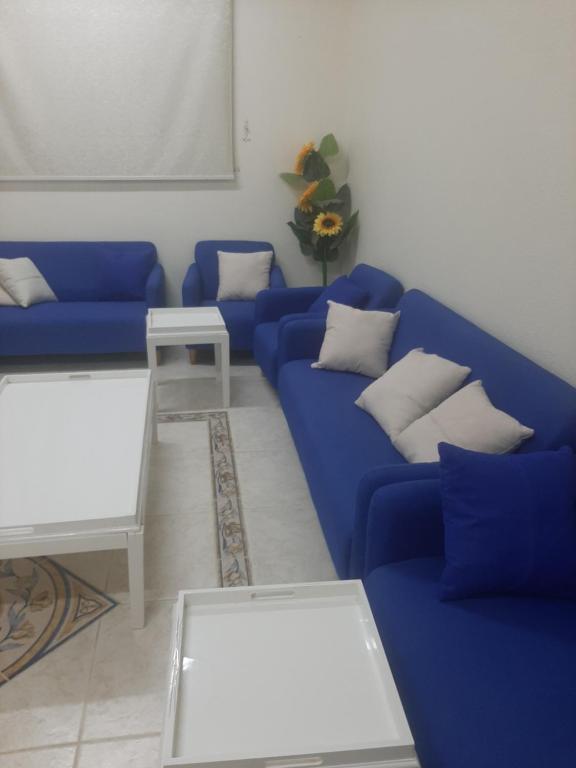 达瓦迪米فله的客厅配有蓝色的沙发和桌子