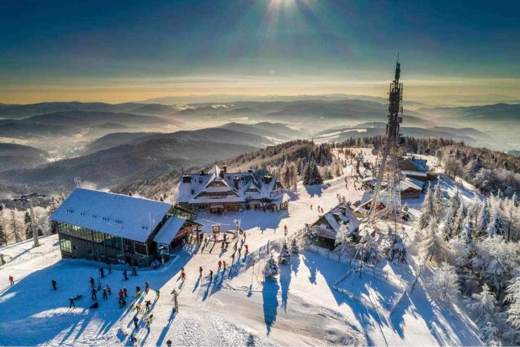 克雷尼察Krynicka Koliba na Jaworzynie Krynickiej的雪覆盖的山顶上的滑雪小屋
