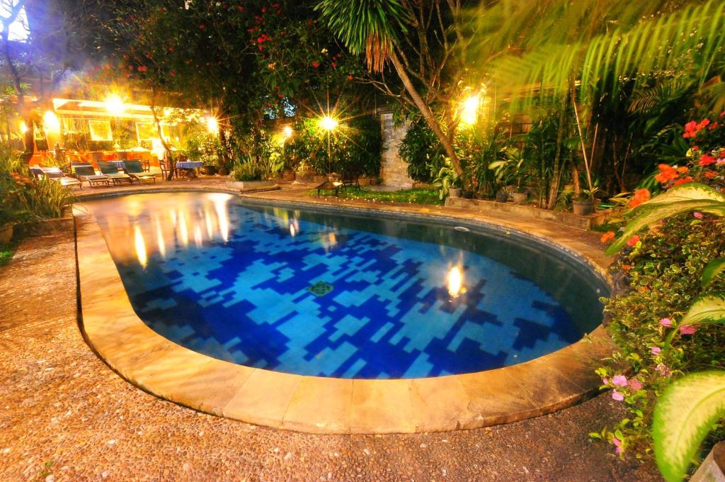 沙努尔Swastika Guesthouse Sanur的夜间在院子里的大型游泳池
