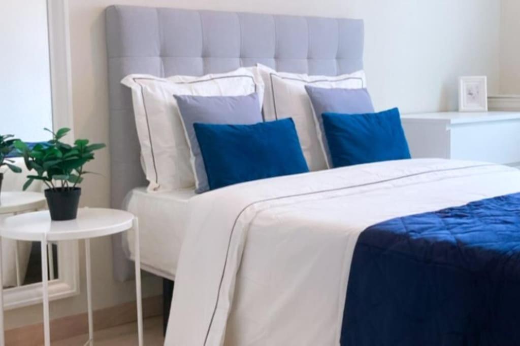 毕尔巴鄂BilboAppartment的一间卧室配有一张带蓝色和白色枕头的床