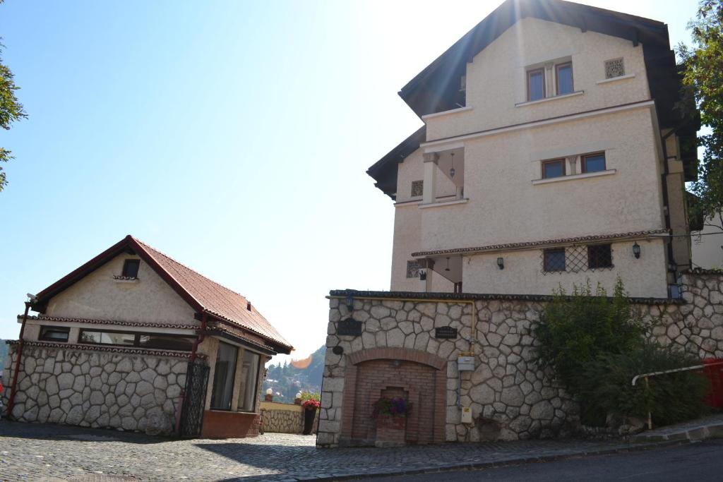 布拉索夫Pensiunea Casa Cranta的一座大建筑,房子旁边设有石墙