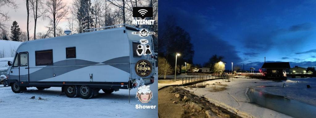 赫尔辛基Helsinki's Caravan Adventureヅ的一辆蓝色拖车停在雪中