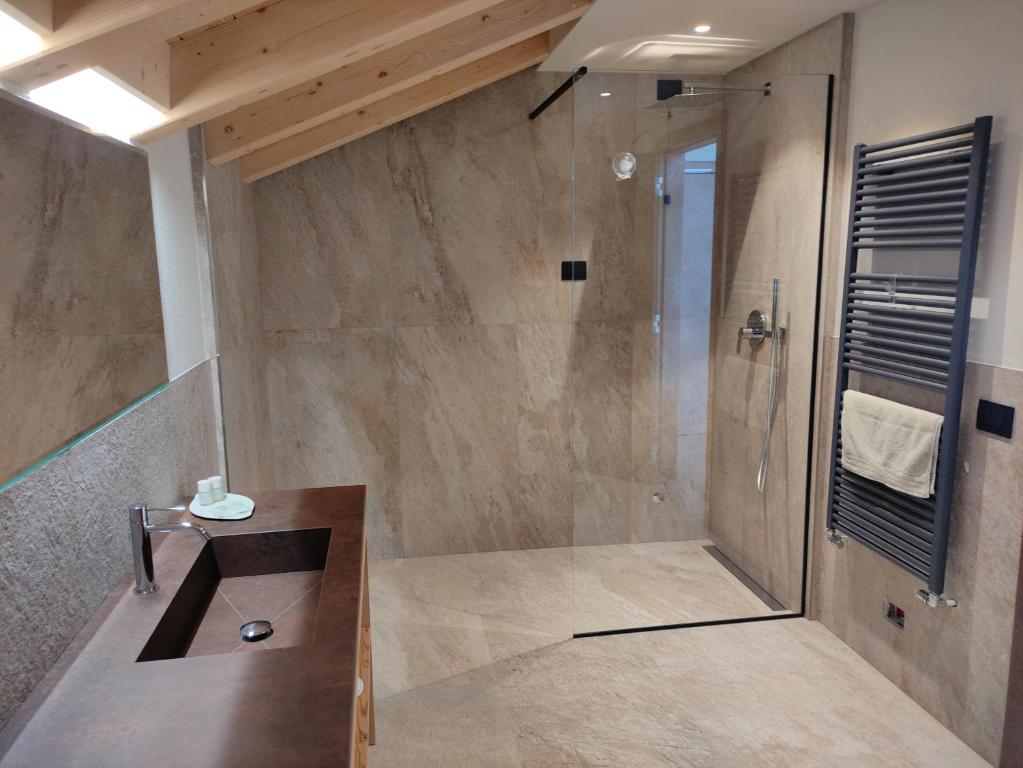 SteblineHotel Forcola的带淋浴和盥洗盆的大浴室