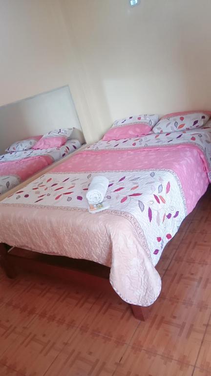 阿亚库乔Hospedaje PARAISO的一间卧室配有两张床和粉红色的被子
