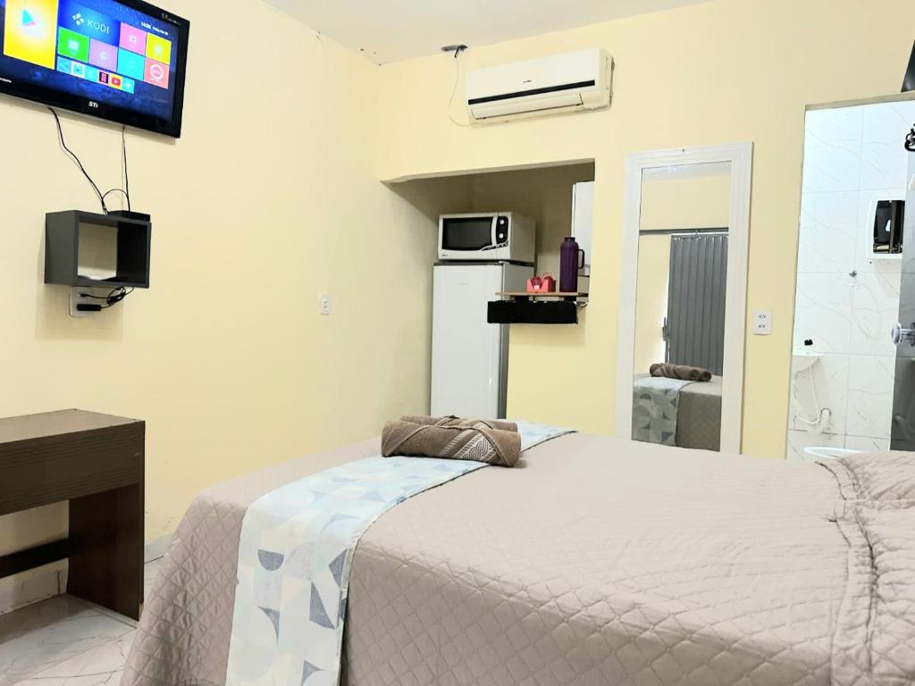 帕尔马斯Capim dourado privativo a minutos do aeroporto e rodoviária的卧室配有一张床,墙上配有电视。