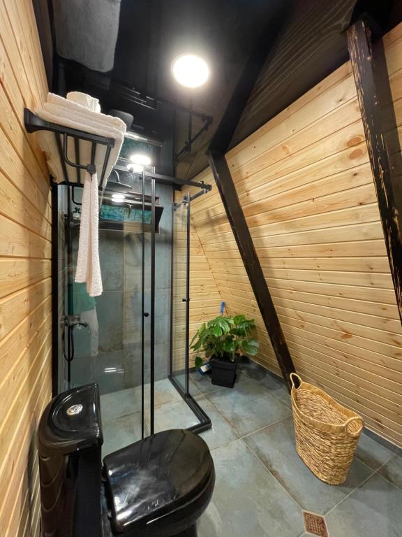 巴统A-Frame Rest-Art的一间带卫生间和木墙的浴室