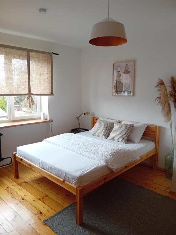 奥格雷Daugavas apartamenti的一间卧室配有带白色床单和枕头的床。