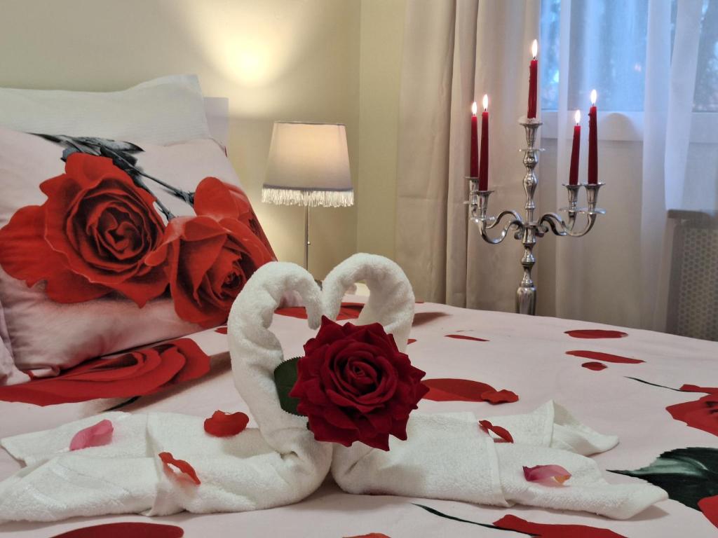 埃格尔Albina apartman的两个天鹅用毛巾制成的,放在玫瑰床上