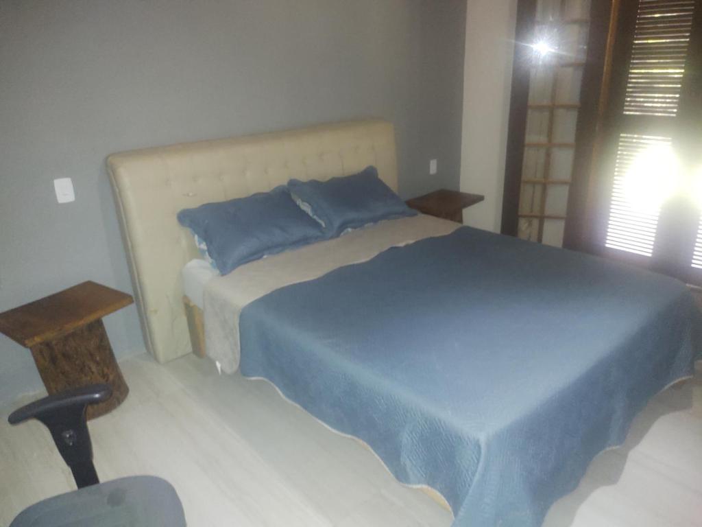 彼得罗波利斯Casa da montanha, sítio em Secretário (Petrópolis)的一间卧室配有一张带蓝色枕头的大床