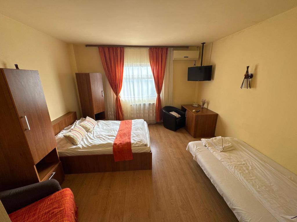 德罗贝塔-塞维林堡Pensiunea Drobeta的酒店客房设有两张床和窗户。