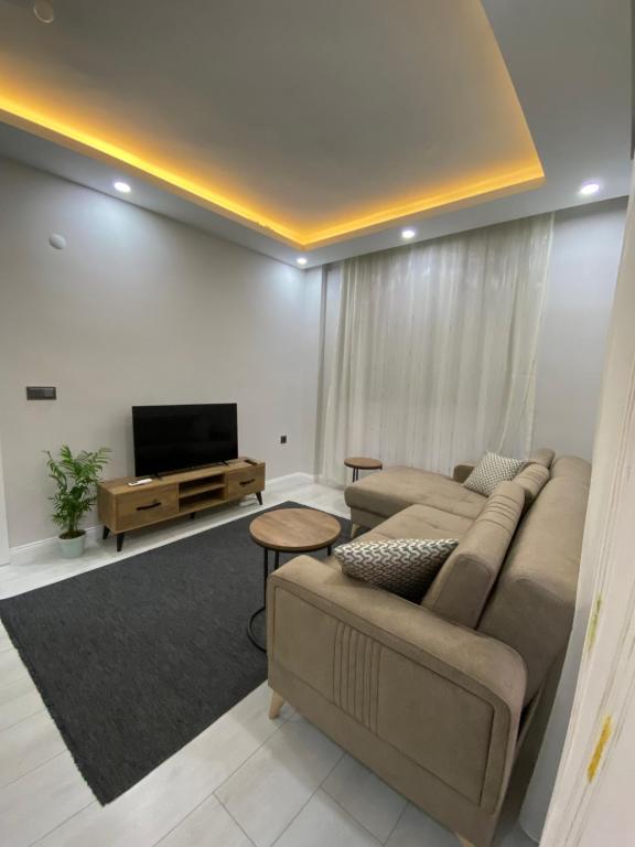 安塔利亚Antalya Havalimanına Yakın Havuzlu 1+1 Lux Daire的带沙发和平面电视的客厅