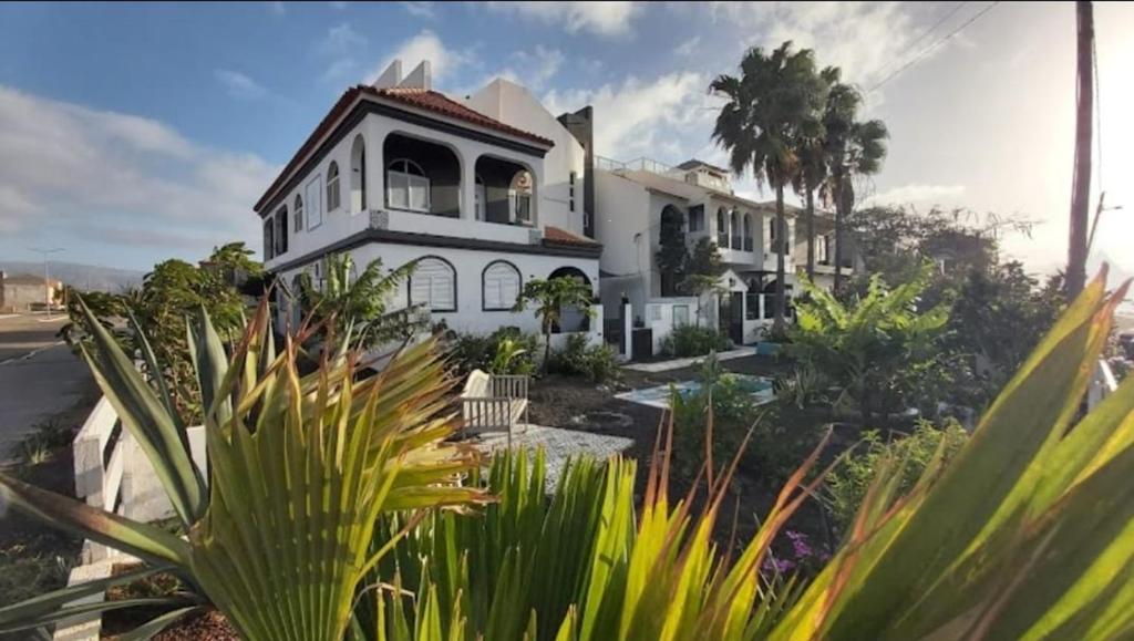 塔拉法尔Deluxe B&B "Casa Alegria", Tarrafal的棕榈树和植物的白色房子