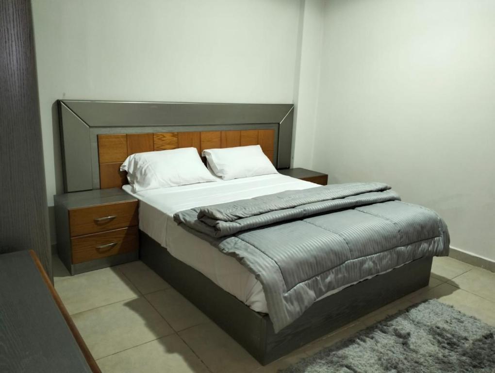 拉斯苏德尔Nozha Beach - Ras Sudr的一间卧室配有一张大床和木制床头板
