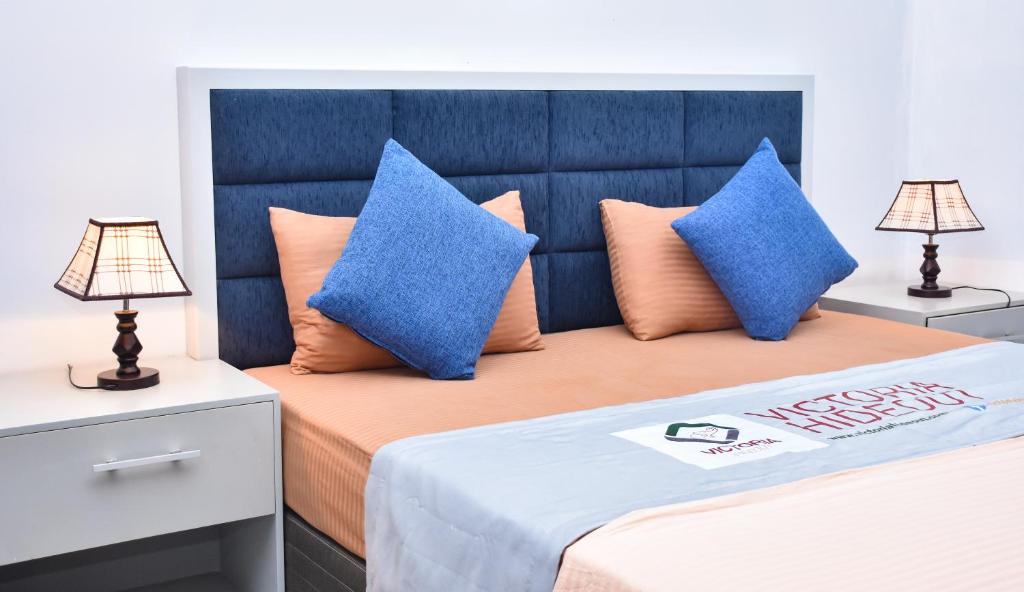 迪加纳Victoria Hideout的卧室配有2个蓝色枕头