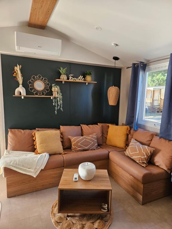 鲁西隆地区卡内Casa Luisa Mobil Home的客厅配有棕色沙发和桌子