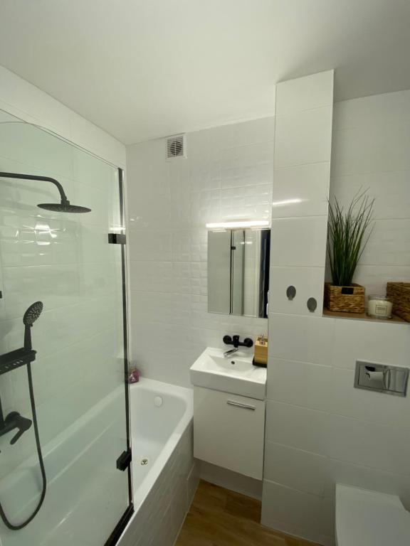 瓦乌布日赫Apartament Kasia的带淋浴和盥洗盆的白色浴室