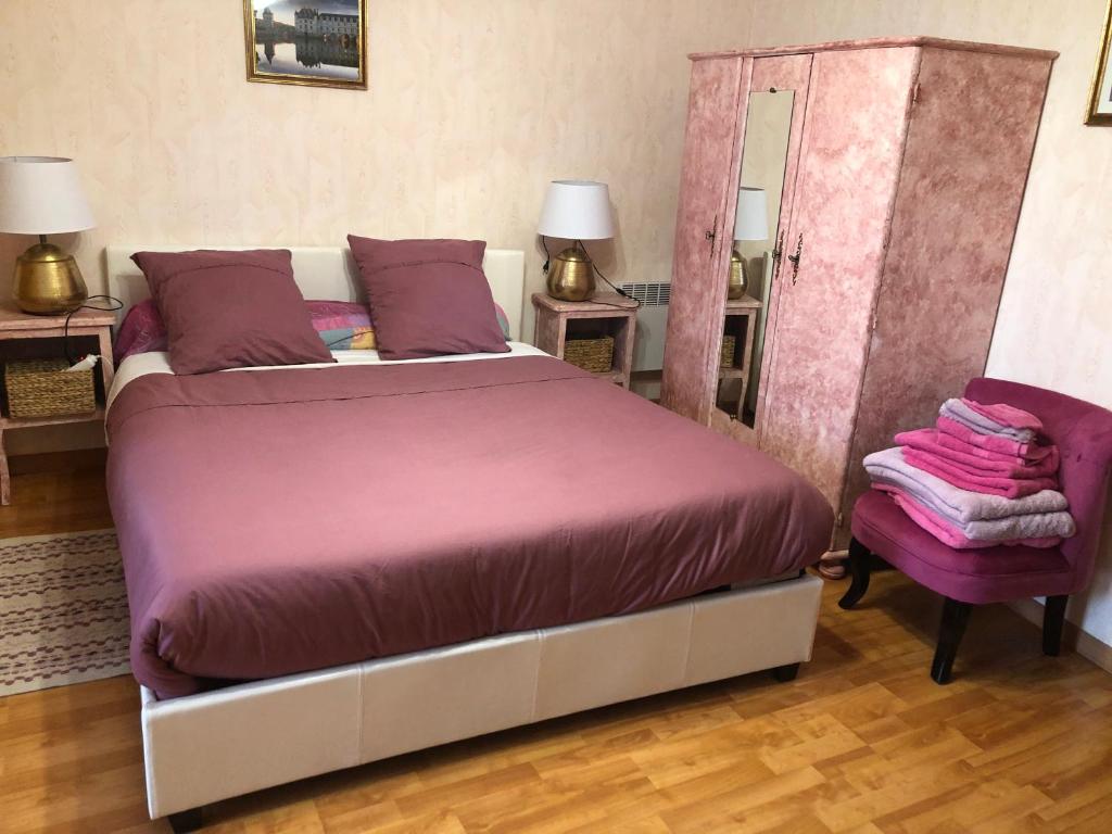 Saint-Nicolas-des-Motets埃克利普斯住宿加早餐旅馆的一间卧室配有一张大床和一把椅子