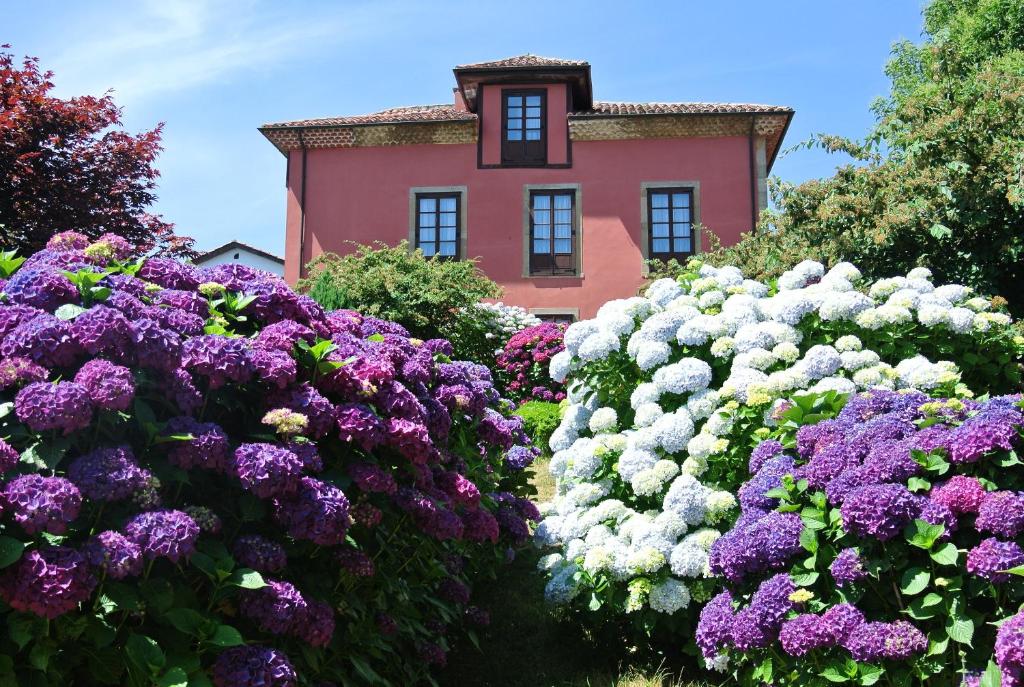 Arquera de SalesHotel Rural El Algaire的一座花园,在房子前有紫色和白色的花朵