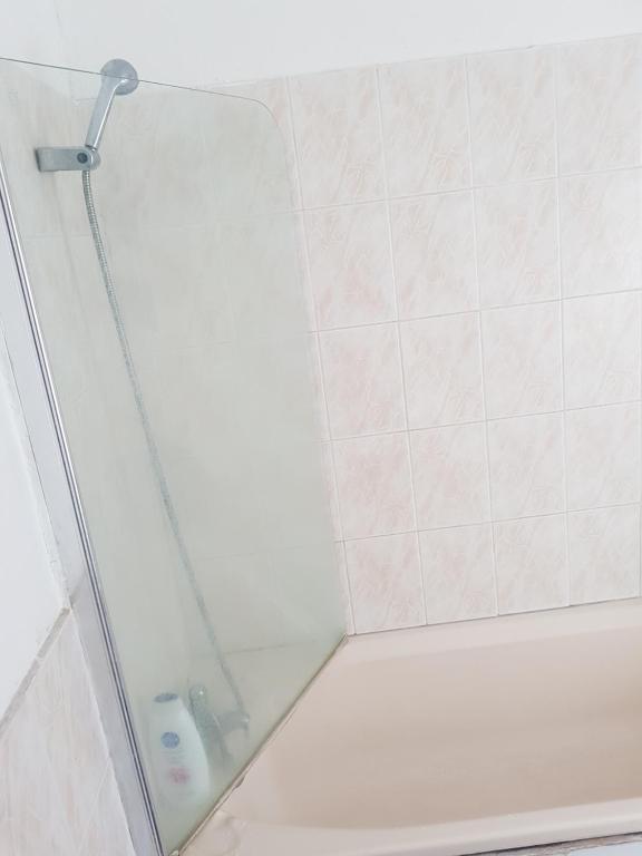 布罗姆利Bromley Cosy的浴室里设有玻璃门淋浴