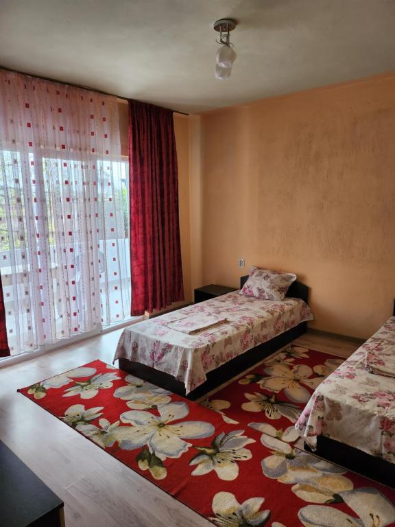 桑丹斯基Apartment Lachevi的一间带两张床的卧室和红色地毯