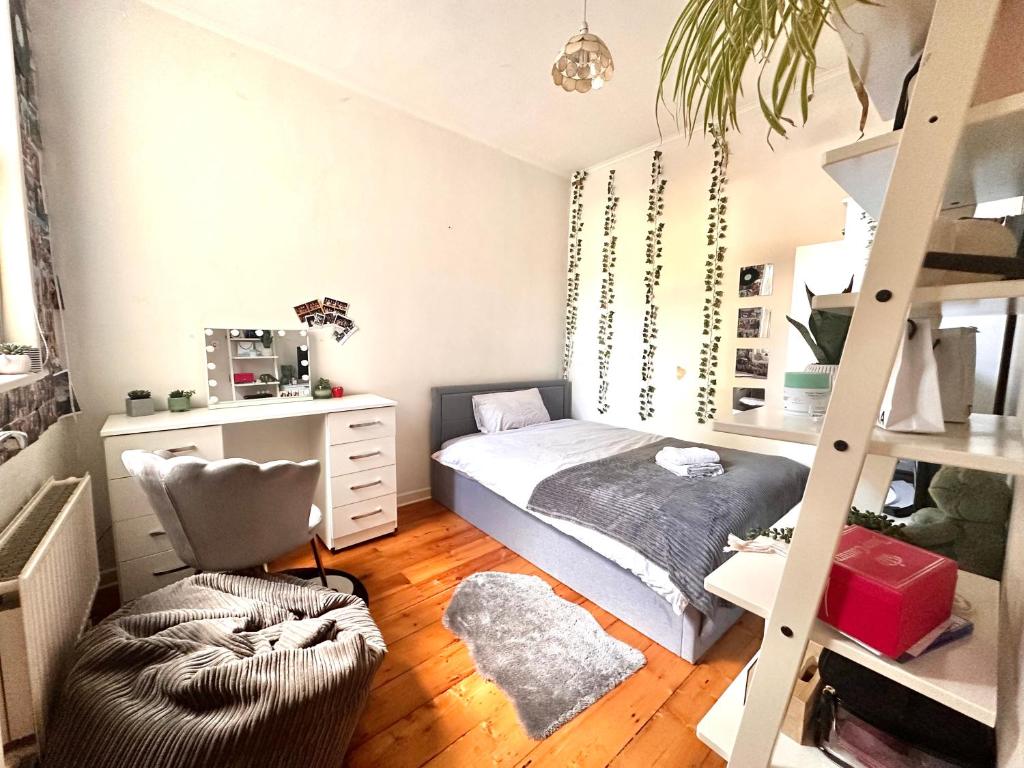 伦敦A lovely guest room in West London的小卧室设有一张床和梯子