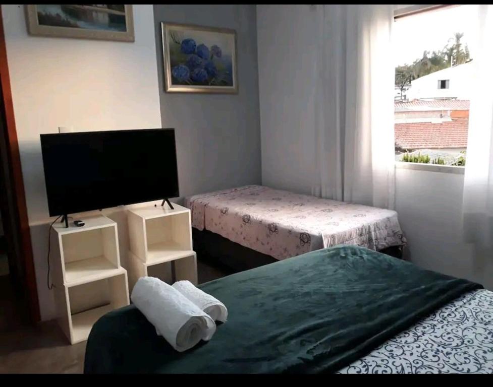 坎皮纳斯Triboulet hospedaria的小房间设有两张床和电视