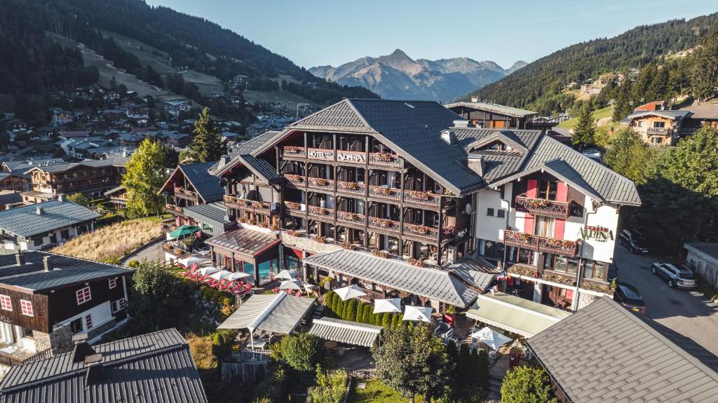 莱热Hôtel Alpina & SPA的山脉酒店空中景色