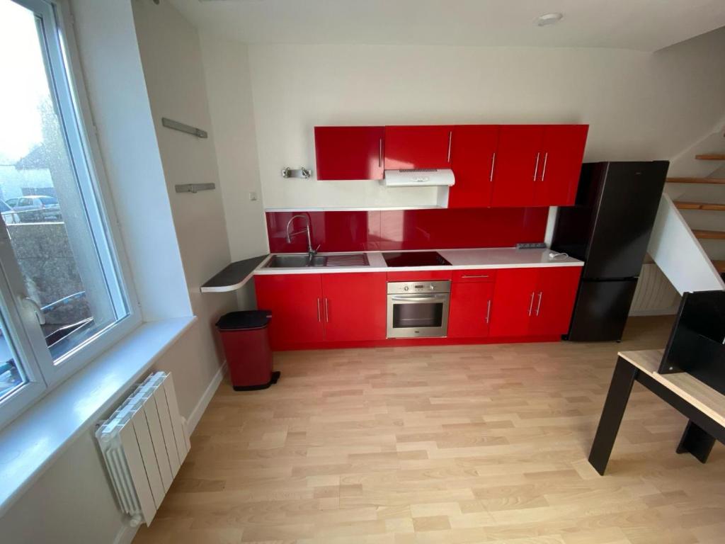布雷斯特Duplex proche centre-ville的一间设有红色橱柜和窗户的小厨房