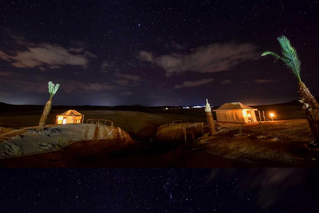 马拉喀什The magic of camping的两棵棕榈树的沙漠之夜景观