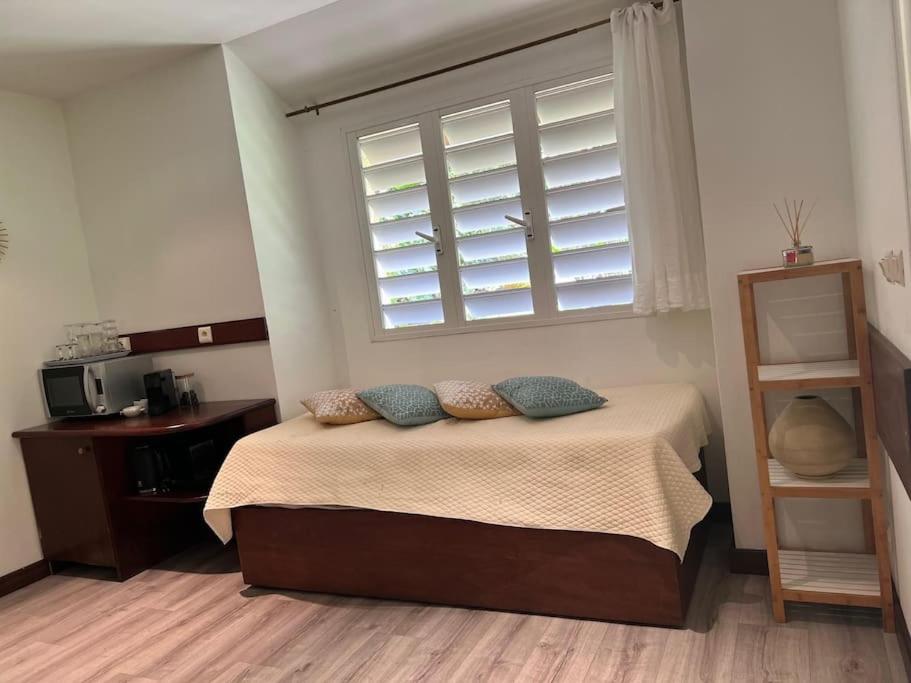 SarraméaBungalow Sarraméa的卧室配有带枕头的床铺和窗户。