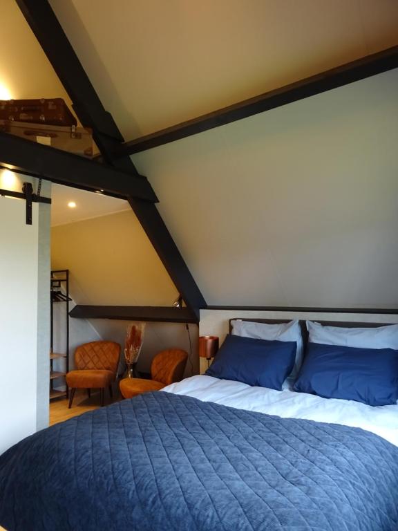 WapserveenB&B Geniet Nátuurlijk的一间卧室配有一张带蓝色枕头的大床