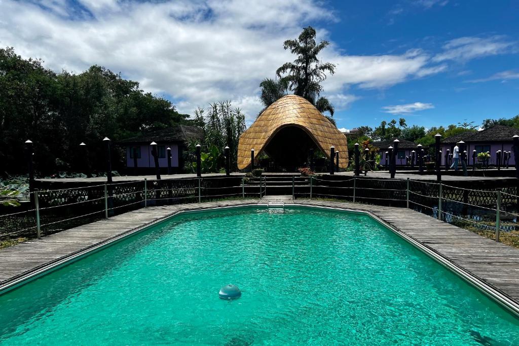 娘瑞观景点生态住宿度假村的一座带稻草建筑的游泳池
