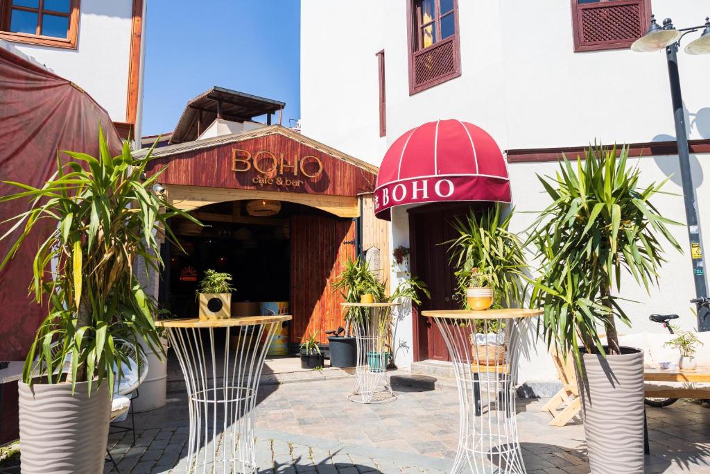 安塔利亚Boho Oldtown Apart的商店前有盆栽植物的建筑