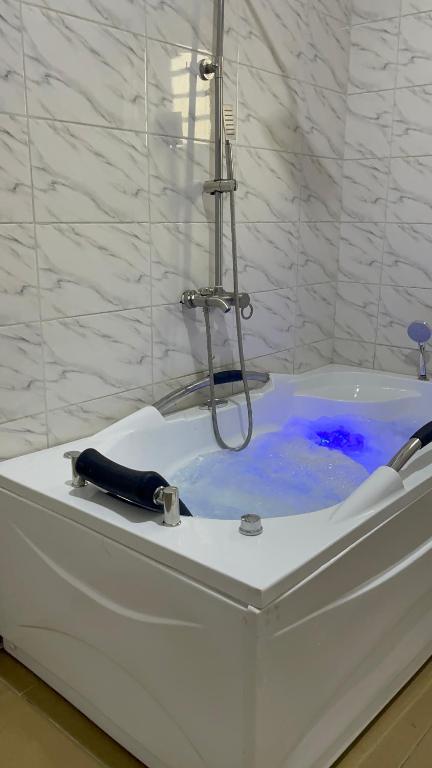 MakurduFirst Royal Beam Hotel的白色浴缸、淋浴和蓝色水