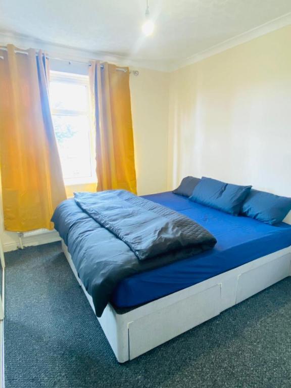 莱斯特Instant Lodge的一间卧室配有一张带蓝色床单的床和一扇窗户。