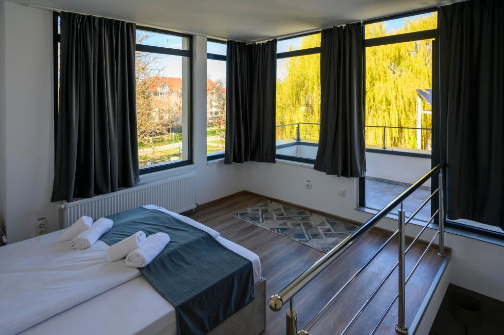 比斯特里察Casa EMA的一间卧室设有一张床和大窗户