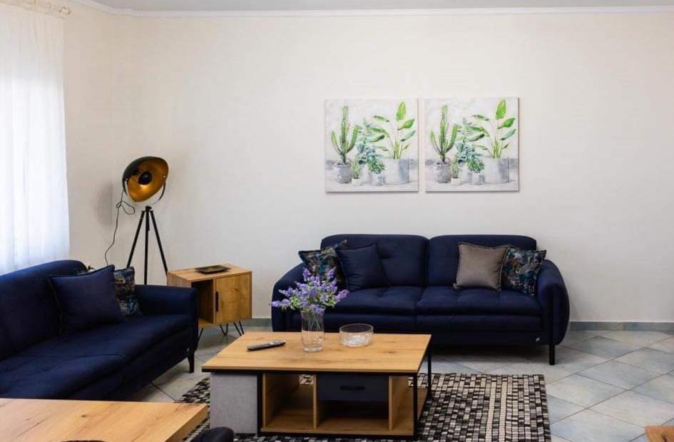 OrestiadaKouros Cozy Home的客厅配有2张蓝色的沙发和1张桌子