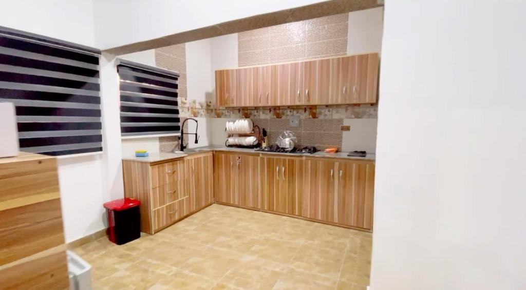 瓦里CEO HOMES AND APARTMENT的厨房配有木制橱柜和台面