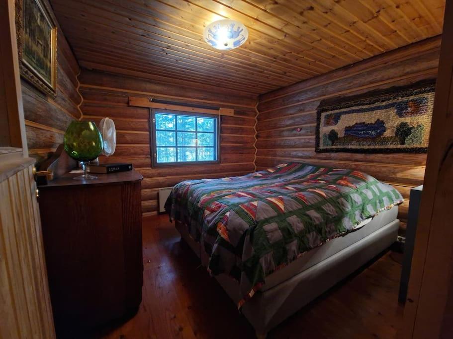 米凯利Kuikkoniemi- A Lake view cabin with hot tub n more的小木屋内一间卧室,配有一张床