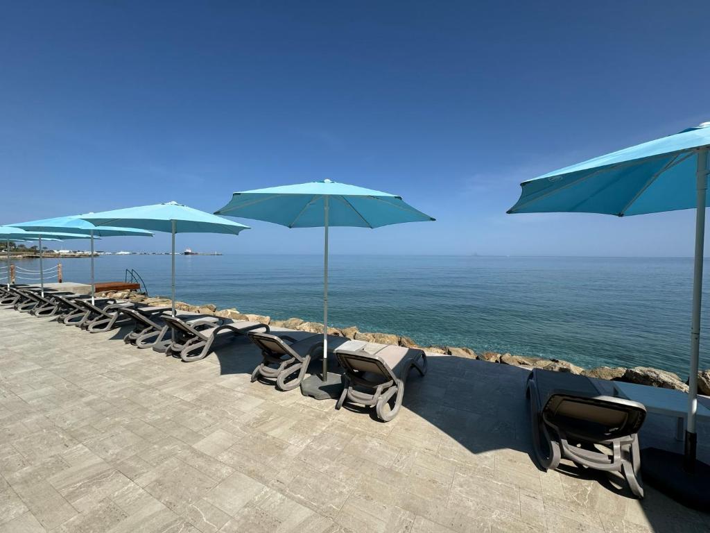 凯里尼亚High Life的海滩上一排带遮阳伞的椅子