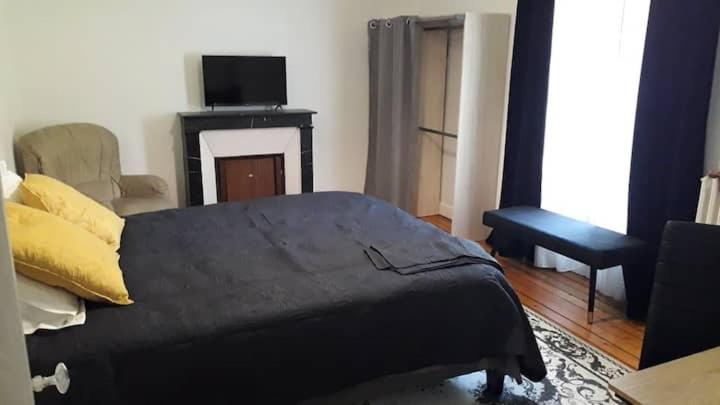 默伦Maison Briand - Chambre Confortable Melun Centre - Wifi, Netflix, Smart TV, Lit à mousse mémoire de forme的一间卧室配有一张黑色的床和一台电视。