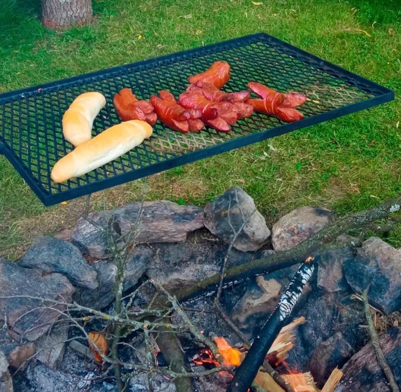 Zubčická LhotkaPension Fanlor的火炉旁的烤架,烤着热狗和热狗