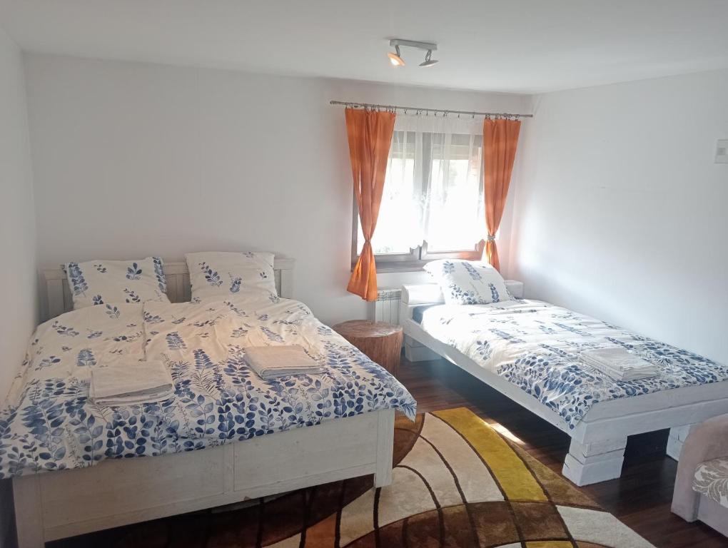 拉伊恰Noclegi pod bukami的一间卧室设有两张床和窗户。